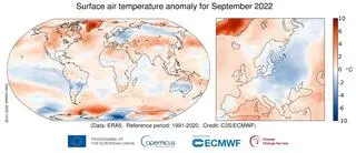 Anomalia temperatury powietrza na powierzchni Ziemi dla września 2022 roku względem średniej dla tego miesiąca z okresu 1991-2020
