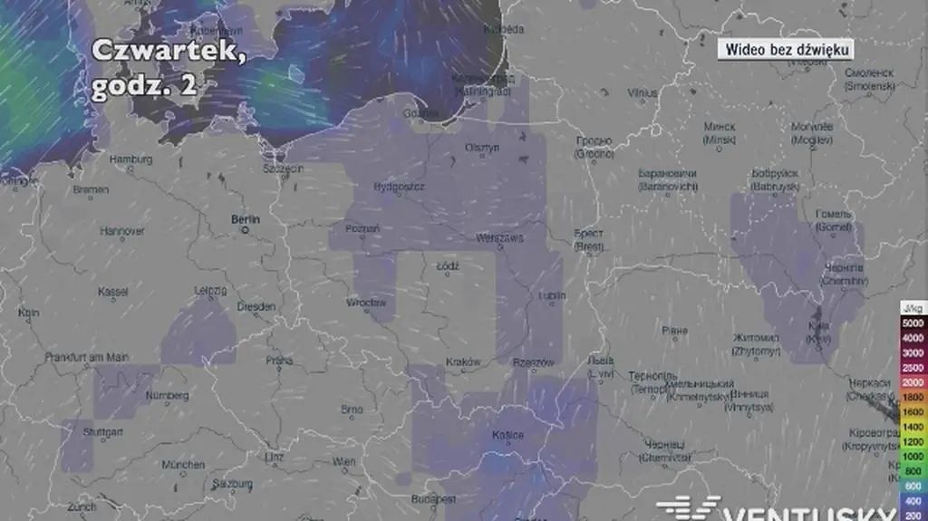 Potencjalny rozwój burz w ciągu najbliższych godzin (Ventusky