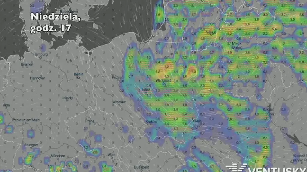 Opady w ciągu najbliższych pięciu dni (Ventusky