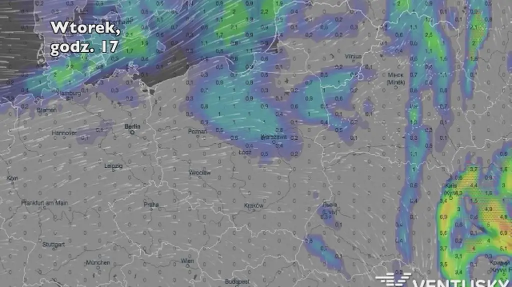 Opady deszczu w ciągu najbliższych pięciu dni (Ventusky