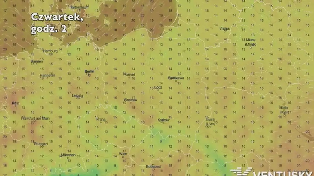 Temperatura w ciągu najbliższych pięciu dni (Ventusky