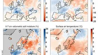 Anomalie opadów, wilgotności względnej powietrza, wilgotności objętościowej wierzchniej warstwy gleby oraz temperatury powietrza w 2021 roku 