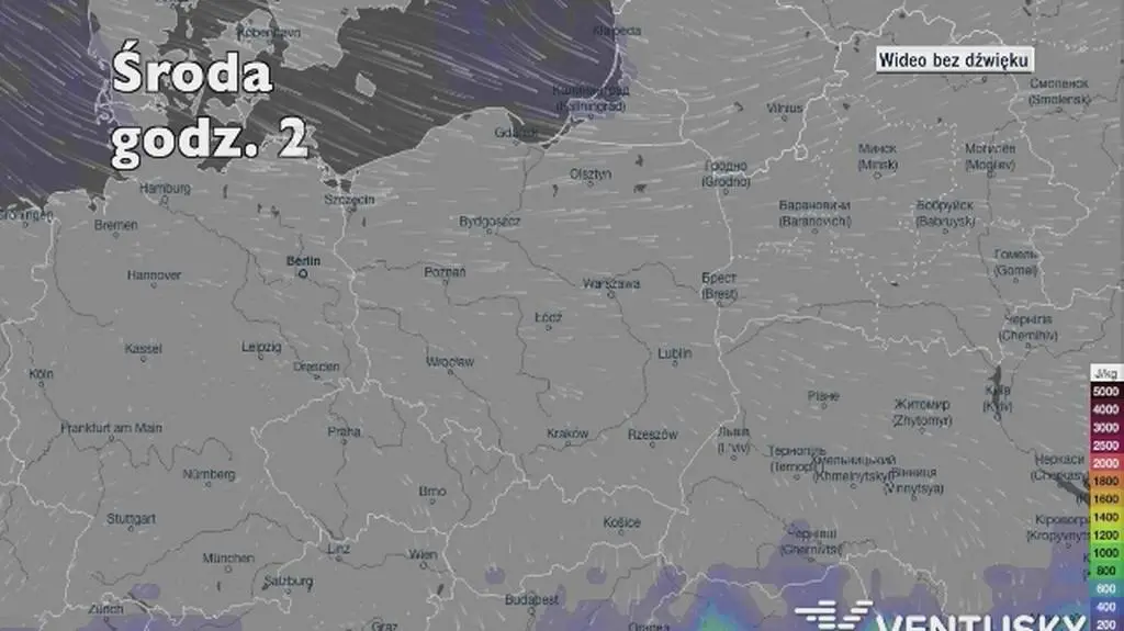 Potencjalne miejsca rozwoju burz w najbliższych dniach (Ventusky