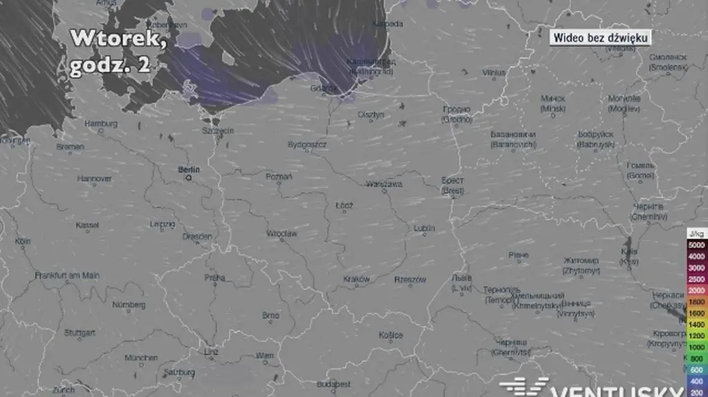 Potencjalne miejsca rozwoju burz w najbliższych dniach (Ventusky