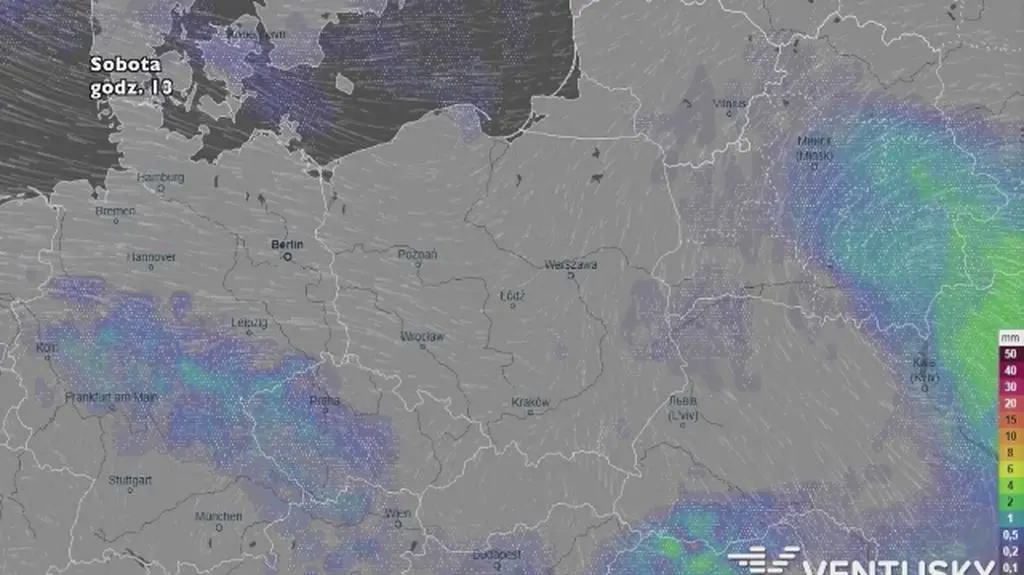 Wysokość i rozkład opadów w najbliższych dniach (ventusky