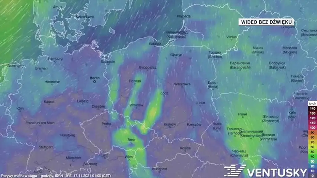 Prognozowane porywy wiatru w ciągu kolejnych dni