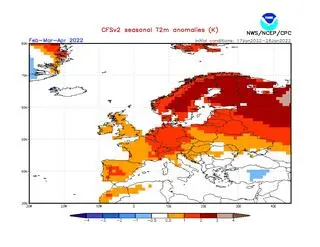 Prognoza odchylenia średniej temperatury od normy wieloletniej na luty, marzec i kwiecień 2022 r.