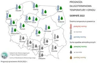 Prognoza średniej miesięcznej temperatury powietrza i miesięcznej sumy opadów atmosferycznych na sierpień 2022 r. dla wybranych miast w Polsce