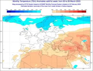Wciąż chłodno po 20 marca. Odchylenie średniej temperatury powietrza w danym okresie od normy wieloletniej