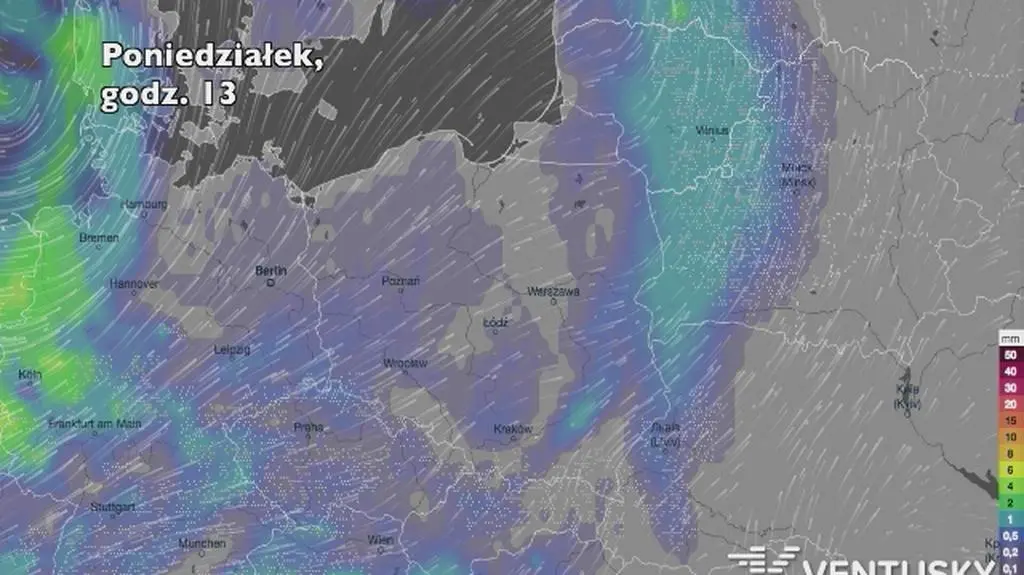 Prognozowane opady w najbliższych godzinach (Ventusky