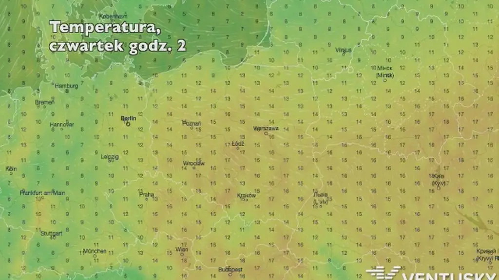 Temperatura w ciągu najbliższych pięciu dni (Ventusky