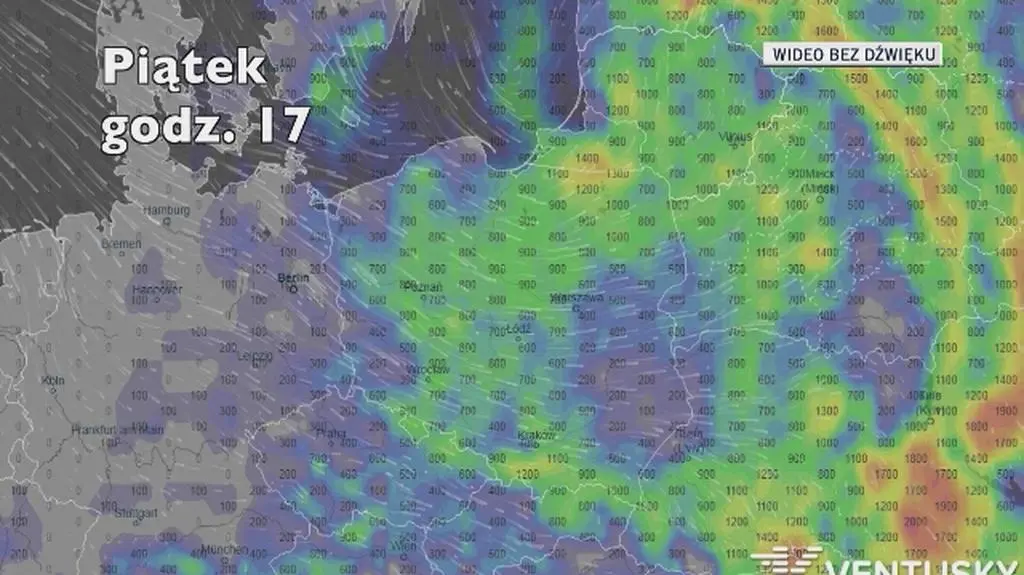 Możliwe miejsca wystąpienia burz (Ventusky