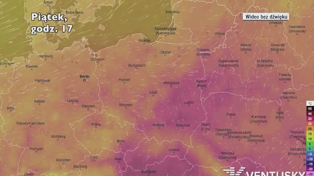 Prognozowana temperatura w następnych dniach (Ventusky