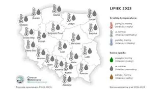 Prognoza średniej miesięcznej temperatury powietrza i miesięcznej sumy opadów atmosferycznych na lipiec 2023 r. dla wybranych miast w Polsce