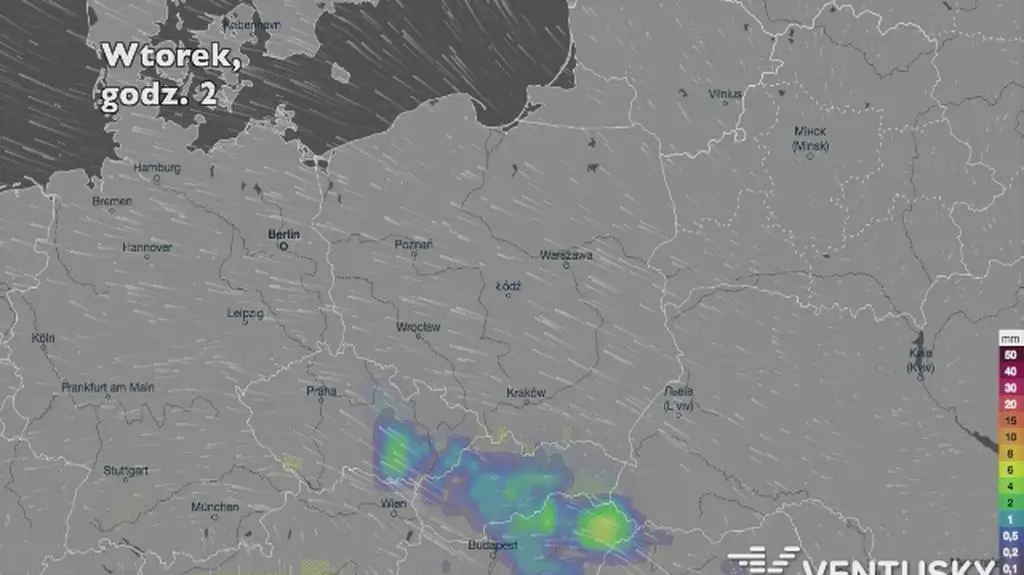 Opady deszczu w ciągu najbliższych pięciu dni (Ventusky