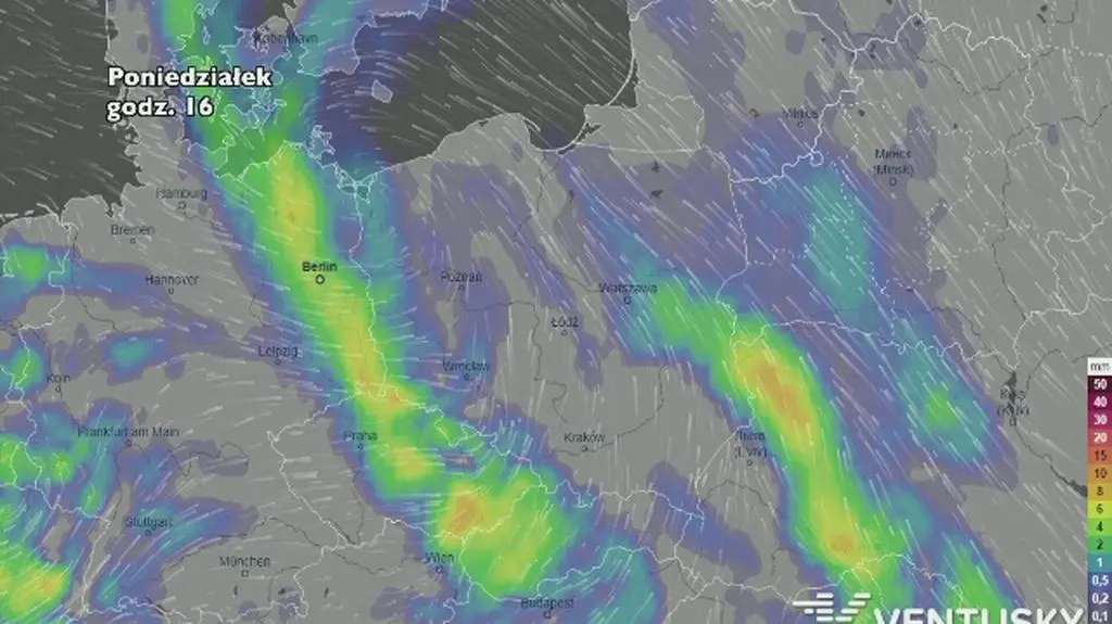 Rozkład i wysokość opadów w najbliższych dniach (ventusky