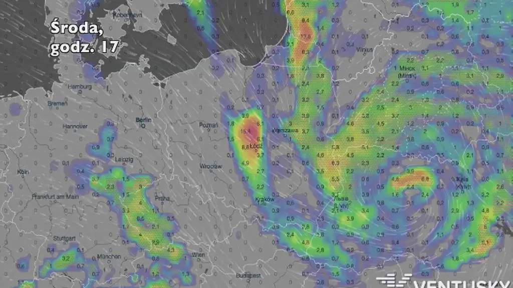 Opady deszczu i potencjalny rozwój burz zaznaczony czerwonymi kropkami, w ciągu najbliższych pięciu dni  (Ventusky