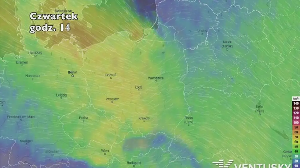Prognozowane porywy wiatru na najbliższe dni (Ventusky