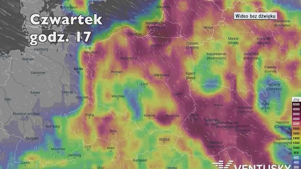 Potencjalny rozwój burz w ciągu pięciu dniu (Ventusky