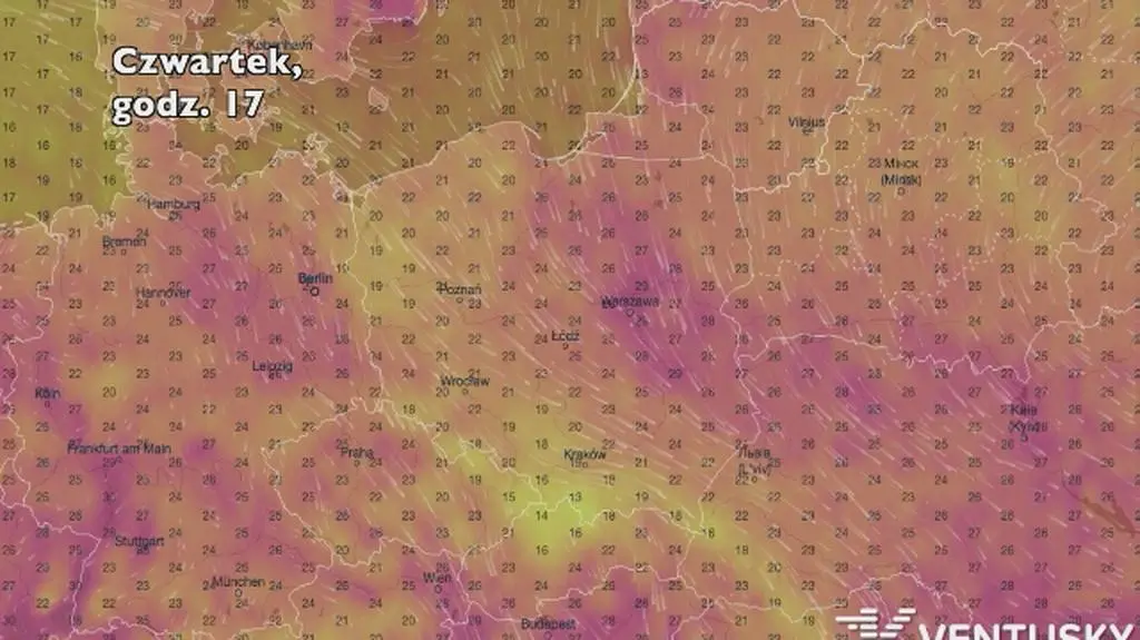 Temperatura w ciągu najbliższych pięciu dniu (Ventusky