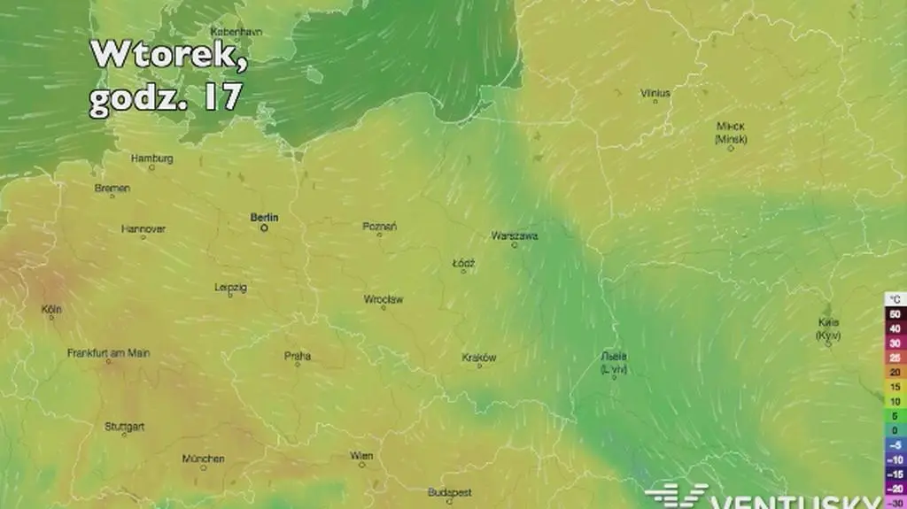 Temperatura w ciągu najbliższych pięciu dni (Ventusky
