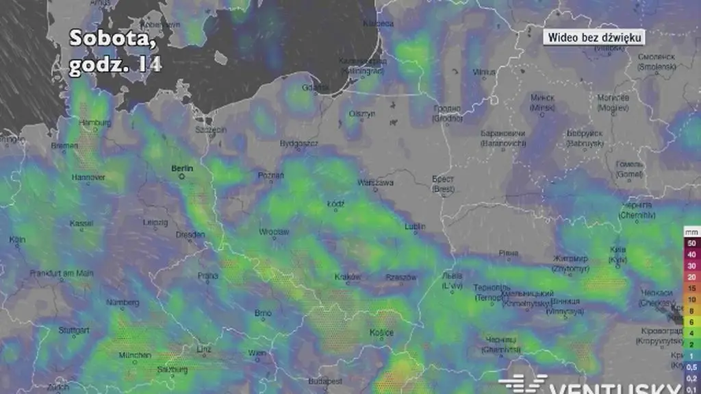 Prognozowane opady deszczu w najbliższych dniach (Ventusky