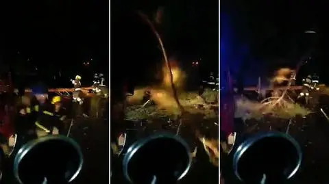 Gałęzie lecą na interweniujących strażaków. Zobacz nagranie