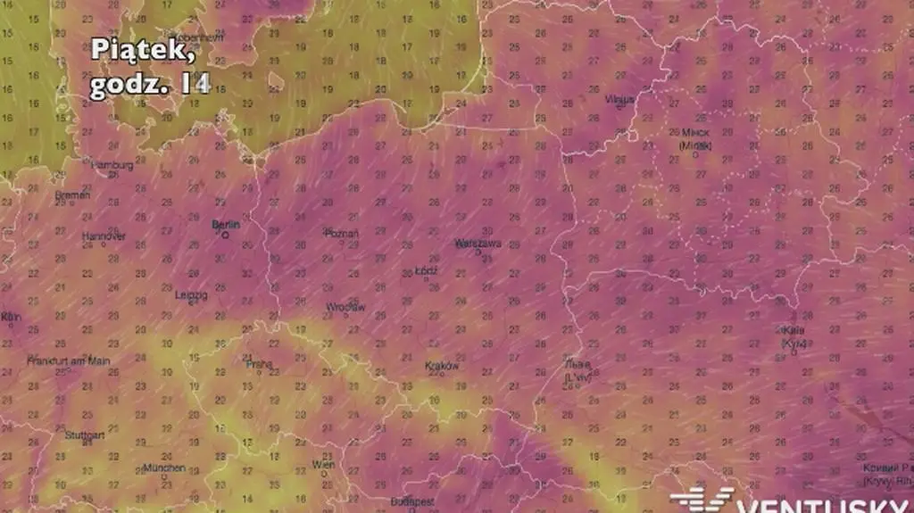 Temperatura w ciągu najbliższych pięciu dni (Ventusky