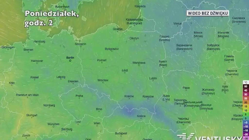 Prognozowana temperatura w najbliższych dniach (Ventusky