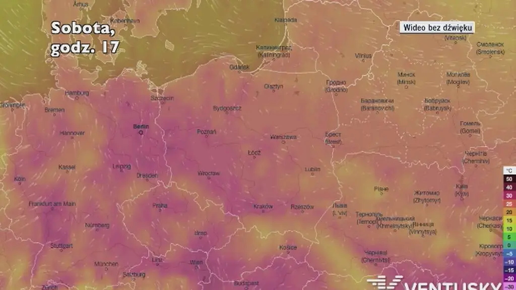 Prognozowana temperatura w następnych dniach (Ventusky