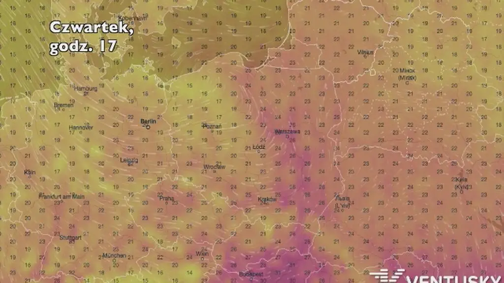 Temperatura w ciągu najbliższych pięciu dni (Ventusky