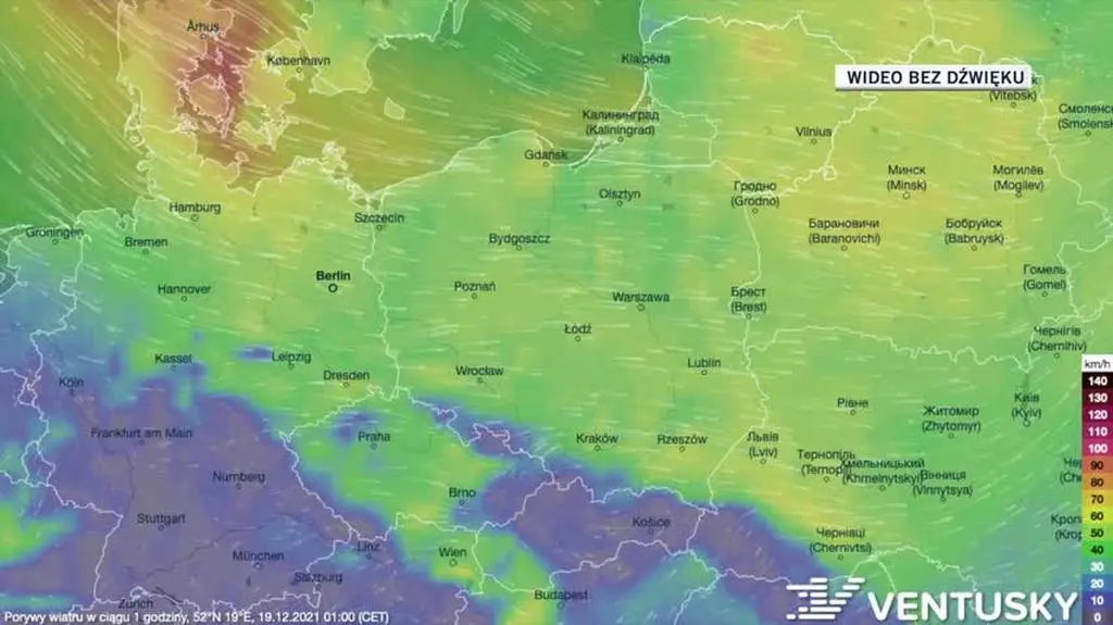 Prognozowane porywy wiatru w ciągu kolejnych pięciu dni
