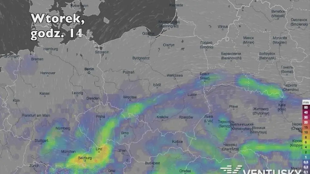 Opady deszczu w ciagu kolejnych dni (Ventusky