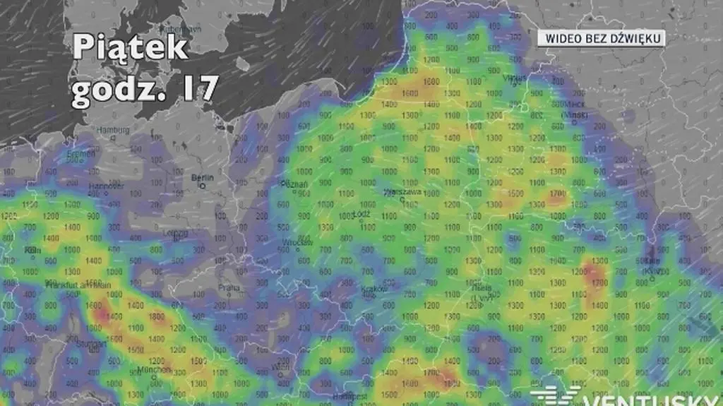 Potencjalne miejsce wystąpienia burz (Ventusky