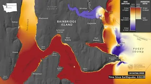 Fale tsunami sięgające ponad 12 metrów zalewają Seattle. Symulacja komputerowa 