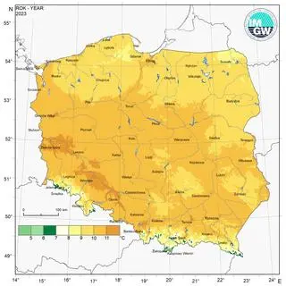 Przestrzenny rozkład średniej rocznej temperatury powietrza w 2023 r.