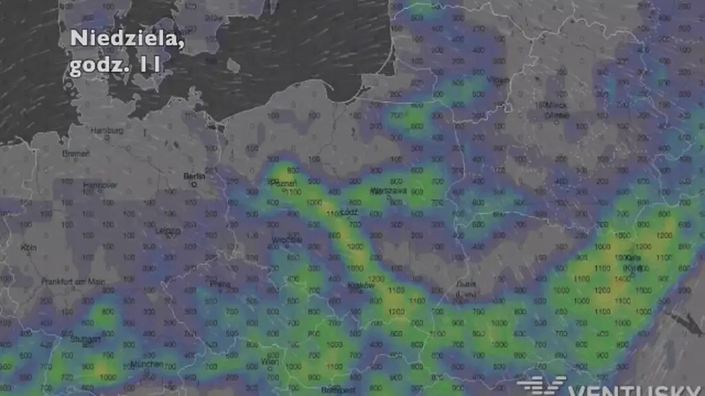Potencjalny rozwój burz w ciągu doby (Ventusky