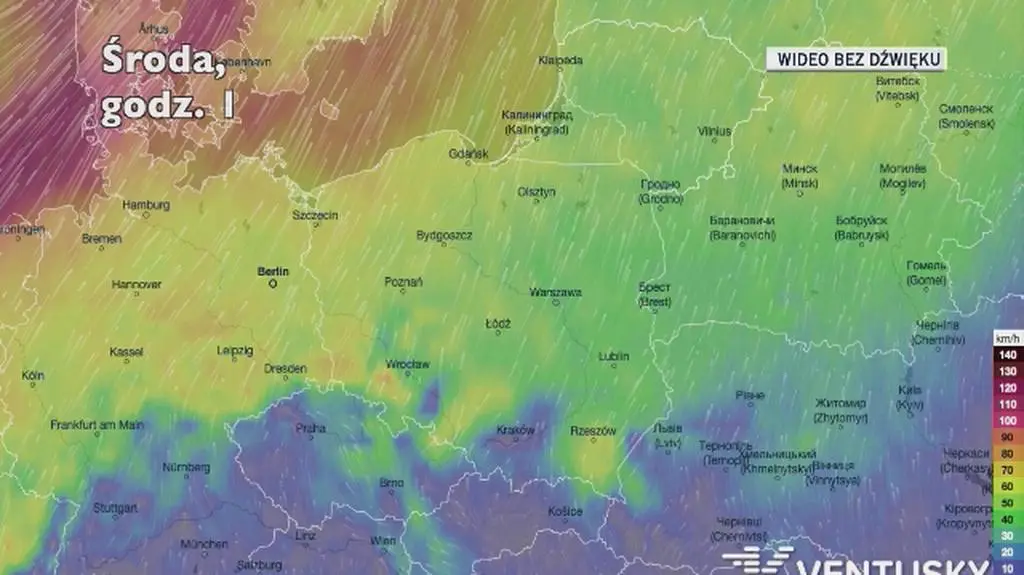 Prognozowane porywy wiatru w kolejnych dniach (Ventusky