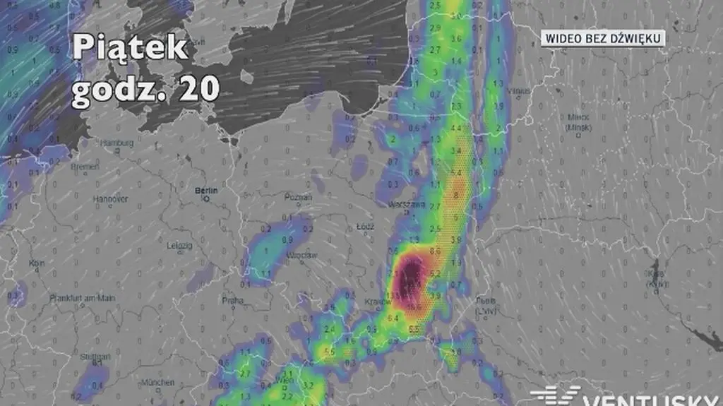 Prognozowane opady na piątek (Ventusky