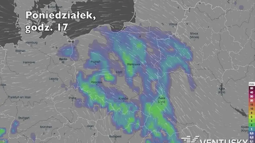 Prognozowane opady w najbliższych dniach (Ventusky