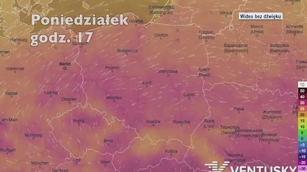 Temperatura w ciągu kolejnych pięciu dni (Ventusky