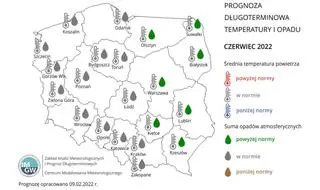 Prognoza średniej miesięcznej temperatury powietrza i miesięcznej sumy opadów atmosferycznych na czerwiec 2022 r. dla wybranych miast w Polsce