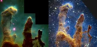 Porównanie Filarów Stworzenia w obiektywie Kosmicznego Teleskopu Hubble'a (1995, z lewej) i Kosmicznego Teleskopu Jamesa Webba (2022, z prawej)