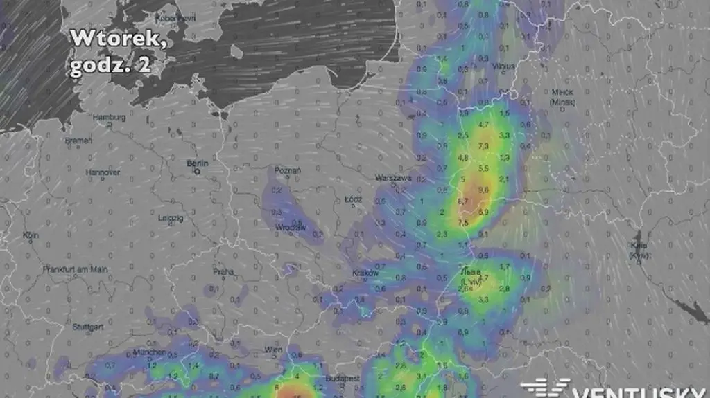 Opady deszczu w ciągu najbliższych dni (Ventusky