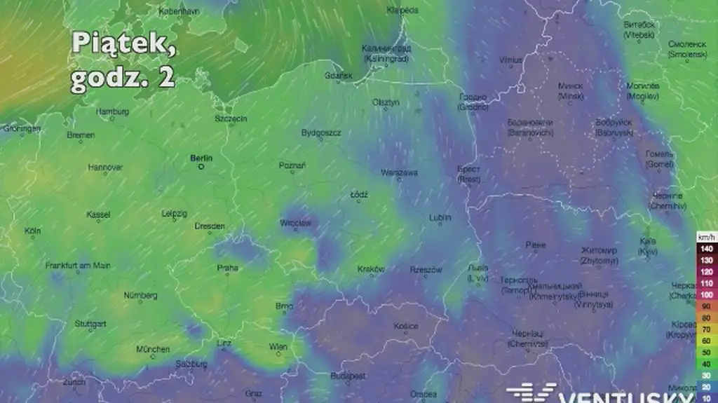 Porywy wiatru w kolejnych dniach (Ventusky