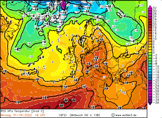 Temperatura w poniedziałek na wysokości 1,5 km według modelu GFS