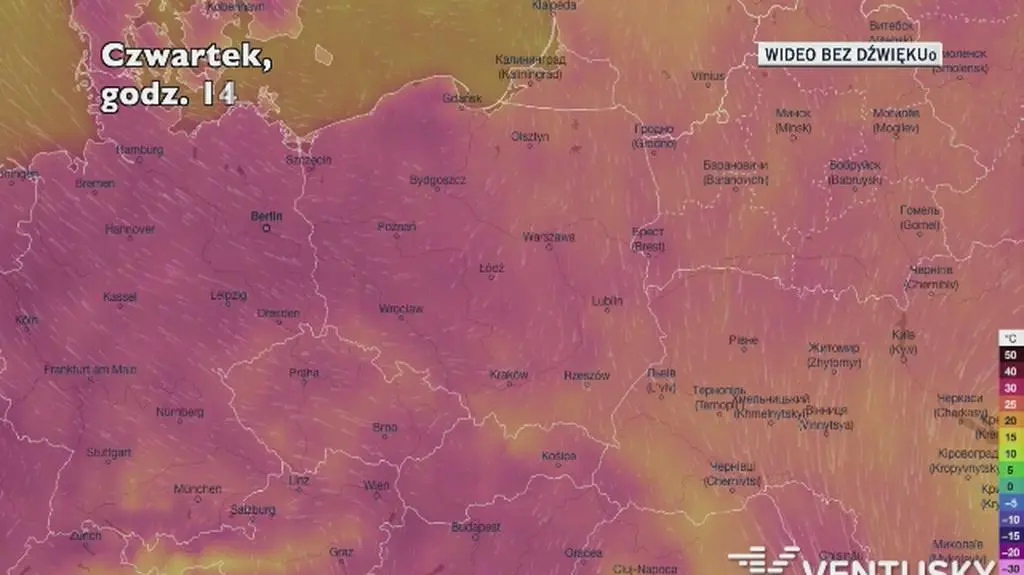 Temperatura w ciągu najbliższych pięciu dni (Ventusky