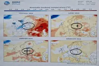 Prognozowana anomalia średniej temperatury na okres od czerwca do września 2024