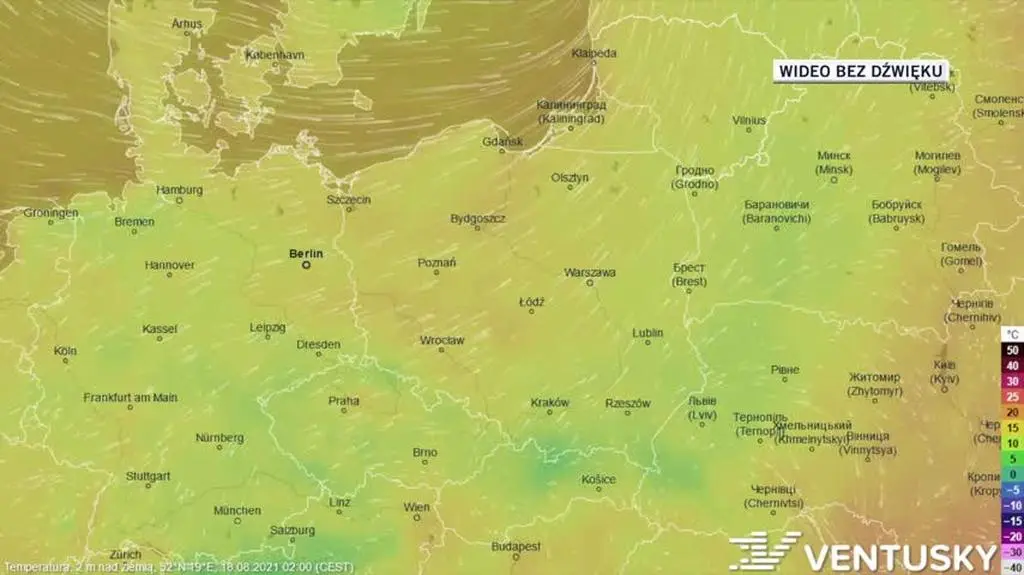 Prognozowana temperatura w ciągu kolejnych dni (Ventusky)