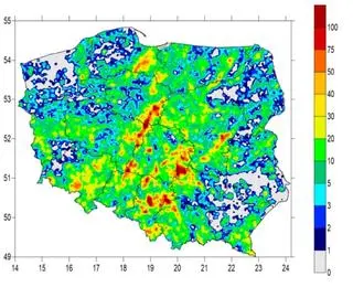 Liczba wyładowań doziemnych na 25 kilometrach kwadratowych – suma dla czerwca 2022 roku